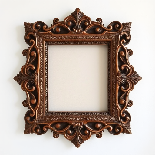 Create an ornate wooden picture frame with intricate carvings, high-resolution, captured with a DSLR camera at f/2.8 aperture, ISO 100, 50mm lens, in soft natural lighting, shallow depth of field, straight-on view.