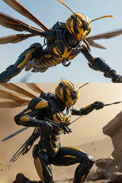 A close-up, intense action shot of a wasp commando mid-flight, holding a high-tech crossbow that fires explosive bolts. Below, a centipede commando slithers across the ground, its segmented body armored with futuristic plating and wielding multiple blaster rifles in each of its many limbs. The scene shows them working in tandem, battling a larger foe in the distance. The background is a futuristic wasteland, lit by the glow of distant battles, and the whole scene feels fast-paced and chaotic, with a blend of sci-fi and insect anatomy creating a unique, alien warfare aesthetic.