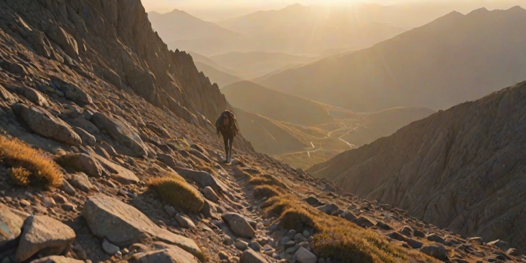 Blurry action shot of a hiker climbing a rocky trail at dawn, soft golden light from the rising sun casting long shadows on the ground, with a distant mountain range barely visible in the mist.
