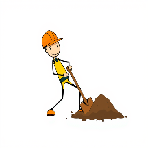 Create a high-resolution vector graphic of a stick figure construction worker with a yellow body and an orange hard hat, using a dynamic pose while shoveling dirt, with a clean white background, using a digital illustration style, simulating a DSLR camera view with a wide aperture for depth of field, and a focus on vibrant colors.