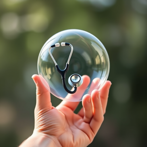 Create an image of a hand holding a translucent bubble containing a stethoscope, with a soft focus background, using a DSLR camera, aperture f/2.8, focal length 50mm, natural lighting, and a shallow depth of field for enhanced image quality.
