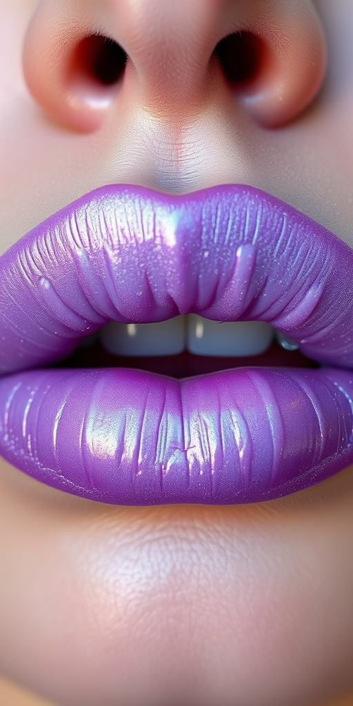 Frosted lavender lips with a cool, iridescent sheen, showcasing a unique and ethereal beauty that's both whimsical and sophisticated