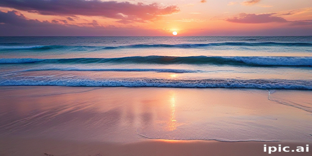 Serene Sunset Over Gentle Waves at a Tranquil Beach Shoreline