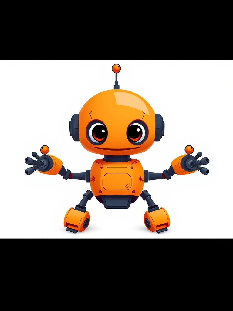 Create a high-resolution cartoon-style image of a friendly orange robot with a rounded head, large expressive eyes, and jointed arms and legs, positioned in the center of a white background, using a Canon EOS R5 camera, 50mm lens, f/1.8 aperture, ISO 100, and a minimalistic view to enhance detail and color contrast.