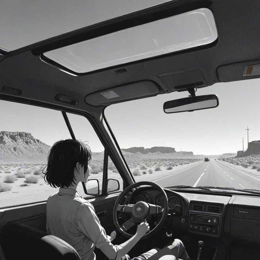 score_9, score_8_up, score_7_up,<lora:H001PXL:1>,<lora:add-detail-xl:.3>,  manga, monochrome, comic, side shot, flat angle,
highway, desert, driver, interior,
 zPDXL