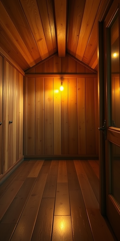 wooden interior room with warm lighting, camera settings: f/8, ISO 100, shutter speed 1/60s, camera view: wide angle, camera style: high dynamic range, camera type: DSLR
