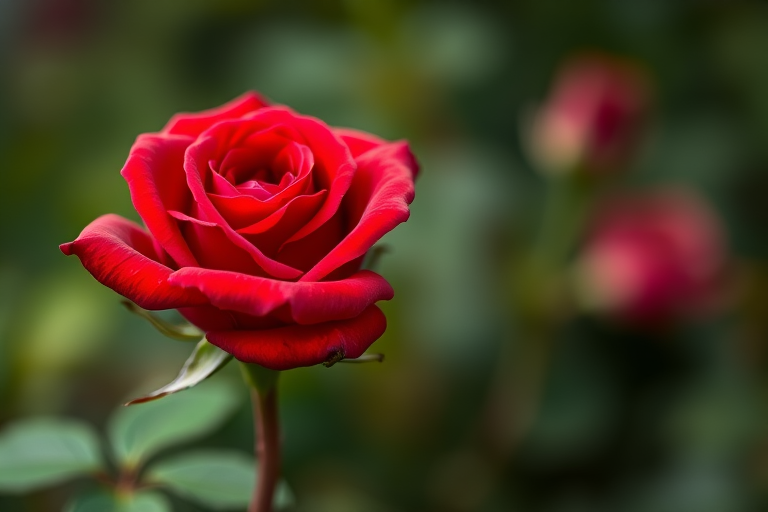 macro shot of a vibrant red rose in full bloom with blurred green background, aperture f/2.8, shutter speed 1/200s, ISO 100, taken with a DSLR camera using a 100mm lens, natural lighting, focus on flower details
