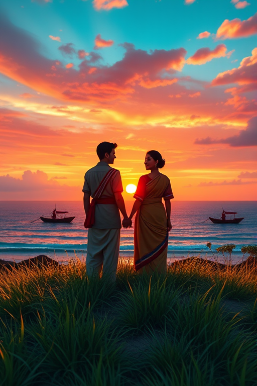 Create an animated scene depicting two people in traditional clothing on a grassy hill near the ocean, with a vibrant sunset sky, two fishermen in boats visible in the background, using a Canon EOS R5 camera, 24mm lens, f/8 aperture, ISO 200, 1/200 sec shutter speed, high dynamic range style.