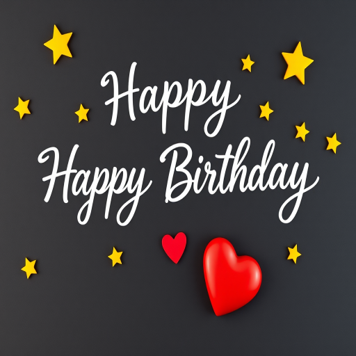 Create a high-resolution digital artwork featuring the text "Happy Birthday" in elegant cursive, adorned with yellow stars and a red heart, using a Canon EOS R5, 50mm f/1.2 lens, aperture set at f/2.8, ISO 100, natural soft lighting, and a flat lay camera angle for a clean presentation.