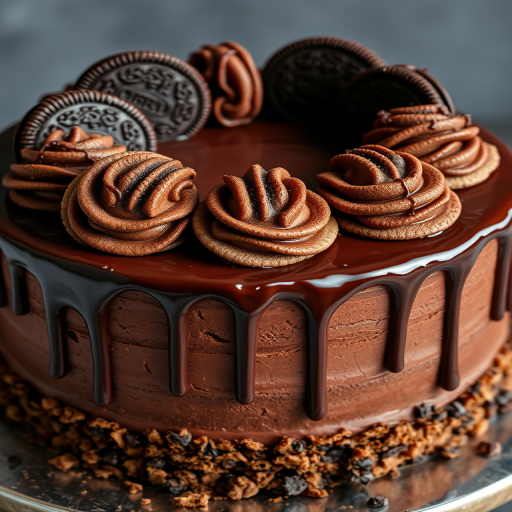 A delicious chocolate cake decorated with Oreo cookies and chocolate ganache drizzles on top, featuring swirls of chocolate frosting and a crumbly cookie crust around the base.