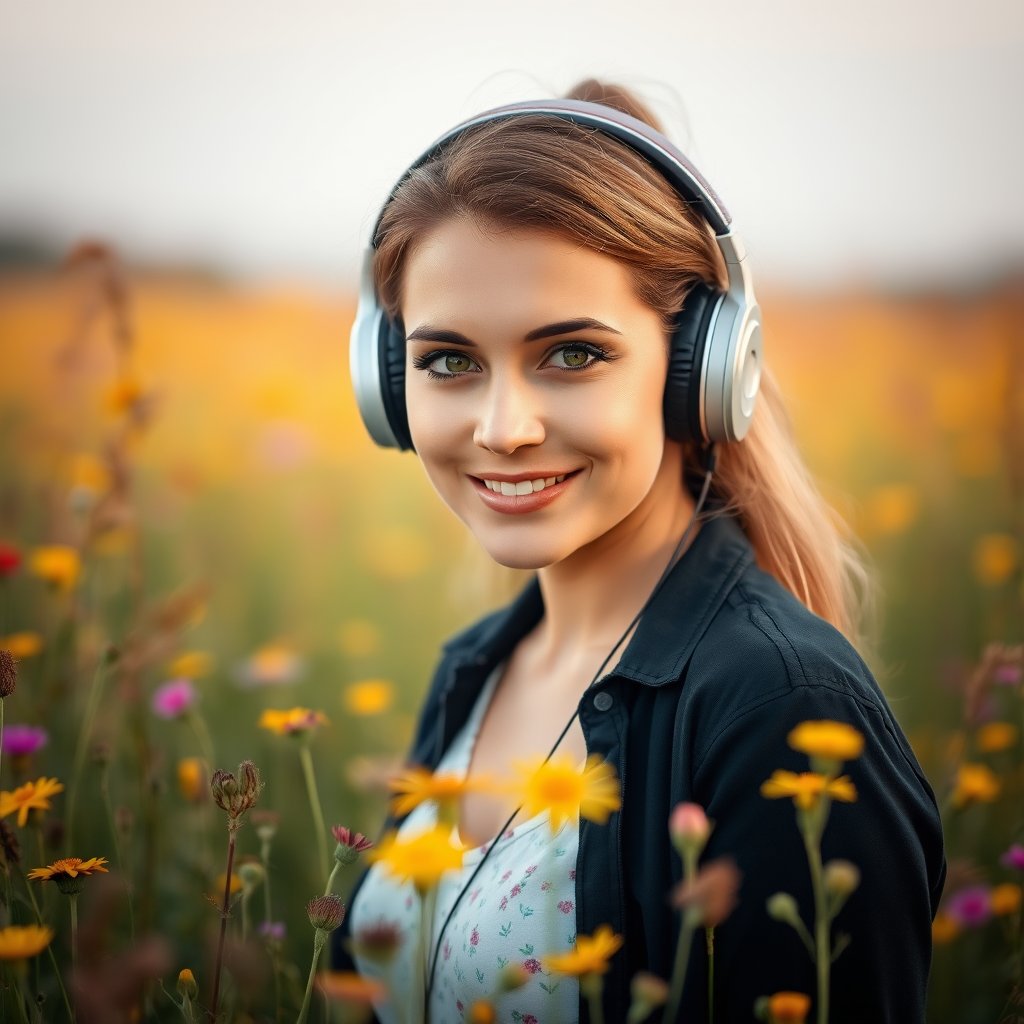 portrait of a woman with headphones in a field of wildflowers, soft natural lighting, shallow depth of field, ISO 100, f/1.8, 50mm lens, shot on a DSLR camera, warm colors for an inviting atmosphere.