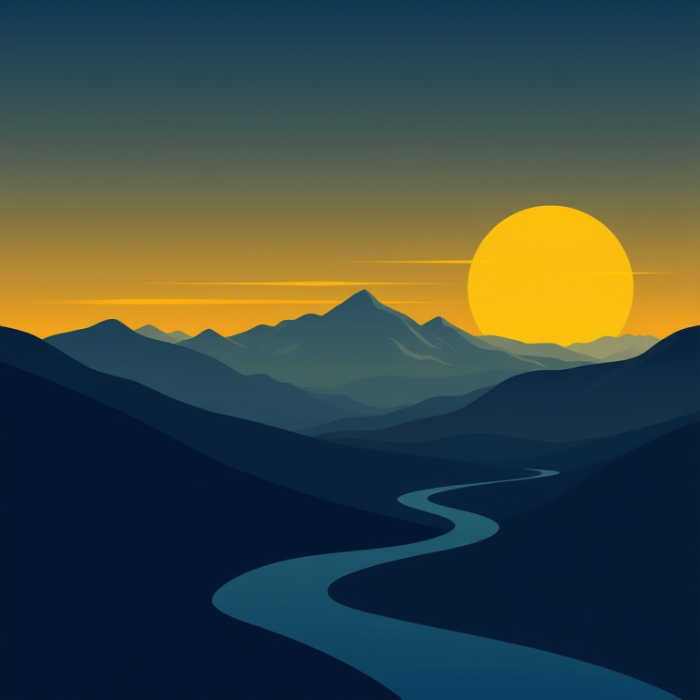 generate a minimalist vector landscape featuring mountains, rolling hills, and a river under a twilight sky with a color palette of deep blues and bright yellows