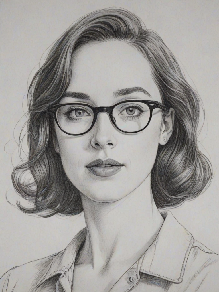 Delightful Zoe Lister-Jones, pencil sketch, portrait of Fetching woman 1951s in glasses, hair style beatnik, outline, clear lines, fine lines, 8k
