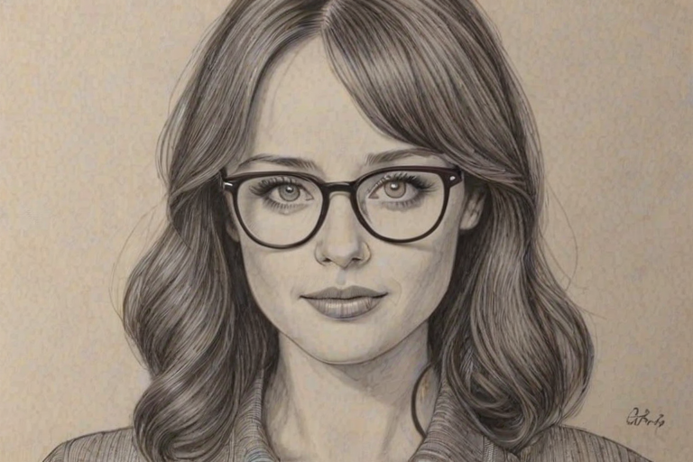 Delightful Alexis Bledel, pencil sketch, portrait of Captivating woman 1947s in glasses, hair style beatnik, outline, clear lines, fine lines, 8k