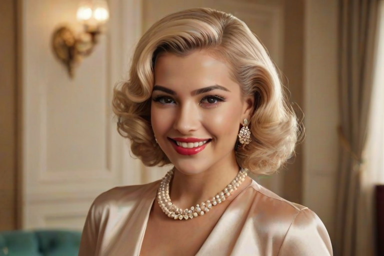 A beautiful Hispanic woman reminiscent of 1950s Hollywood glamour, with perfectly styled blonde hair and a seductive smile, dressed in a satin blouse and adorned with pearls, soft and warm tones, photorealistic, 8K