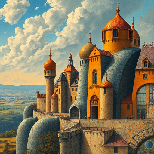 An architecture landscape, Zdzislaw Beksinski style, a bit of blue, orange and yellow colors in it, high detailed beksinski painting, Jacek Yerka, Peter Gric, Hundertwasser
