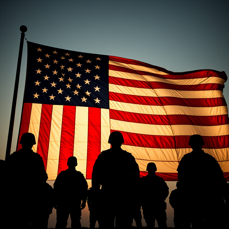 Create a high-contrast silhouette image of soldiers standing in front of a large American flag, using a Canon EOS R with a 50mm lens, aperture f/1.8, shutter speed 1/2000s, ISO 100, shot from a low angle to emphasize the figures against the flag in a dramatic lighting style.