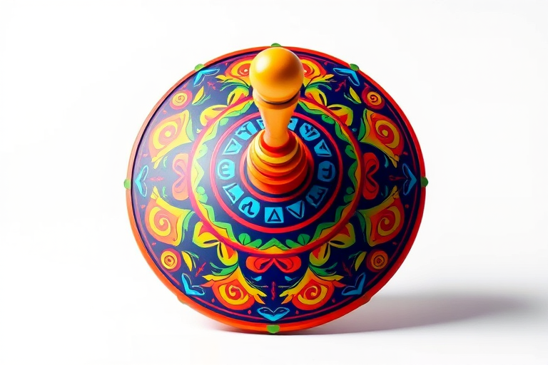 Create a vibrant illustration of a spinning top with intricate patterns and bright colors, using a DSLR camera with a 50mm lens, aperture f/2.8, shutter speed 1/200s, ISO 100, in a well-lit studio setting to enhance image quality.