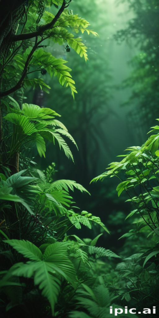 Lush Green Jungle Scene with Sunlight Filtering Through Dense Foliage.