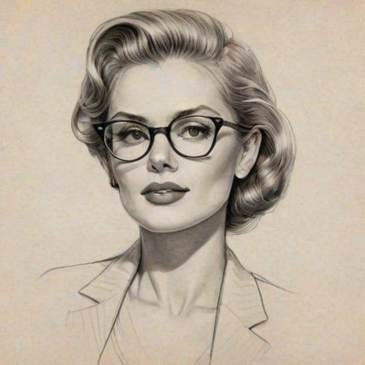 Elegant Grace Van Dien, pencil sketch, portrait of Alluring woman 1947s in glasses, hair style beatnik, outline, clear lines, fine lines, 8k