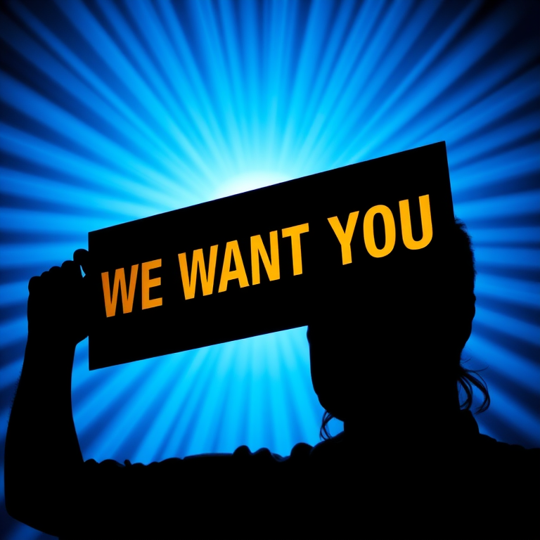 Create an image of a silhouette of a person holding a sign that says "WE WANT YOU" in bold gold letters, with a radiant blue background, shot with a DSLR camera at f/2.8 aperture, ISO 100, 50mm lens, using a high dynamic range technique for enhanced quality.