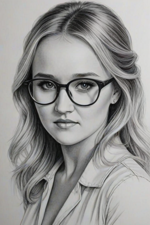 Exquisite Emily Osment, pencil sketch, portrait of Appealing woman 1979s in glasses, hair style beatnik, outline, clear lines, fine lines, 8k