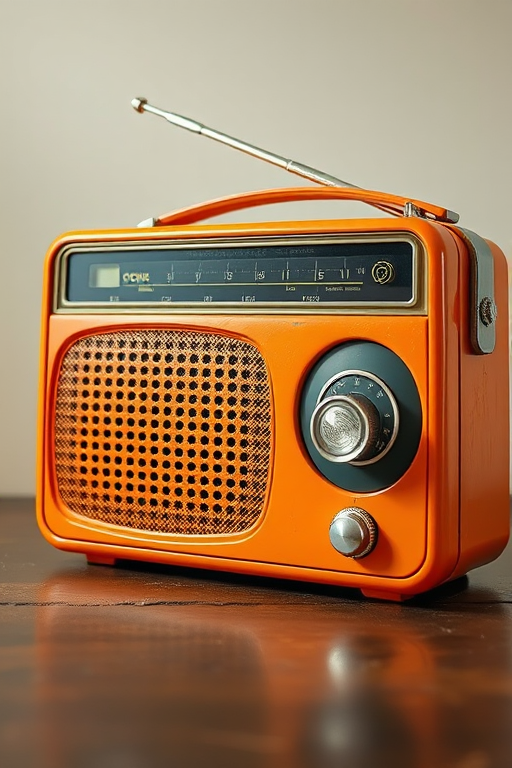 Create a high-resolution illustration of a vintage orange transistor radio with detailed textures, using a DSLR camera with a 50mm lens at f/2.8, ISO 100, and a shallow depth of field, shot from a frontal view to emphasize its retro design.