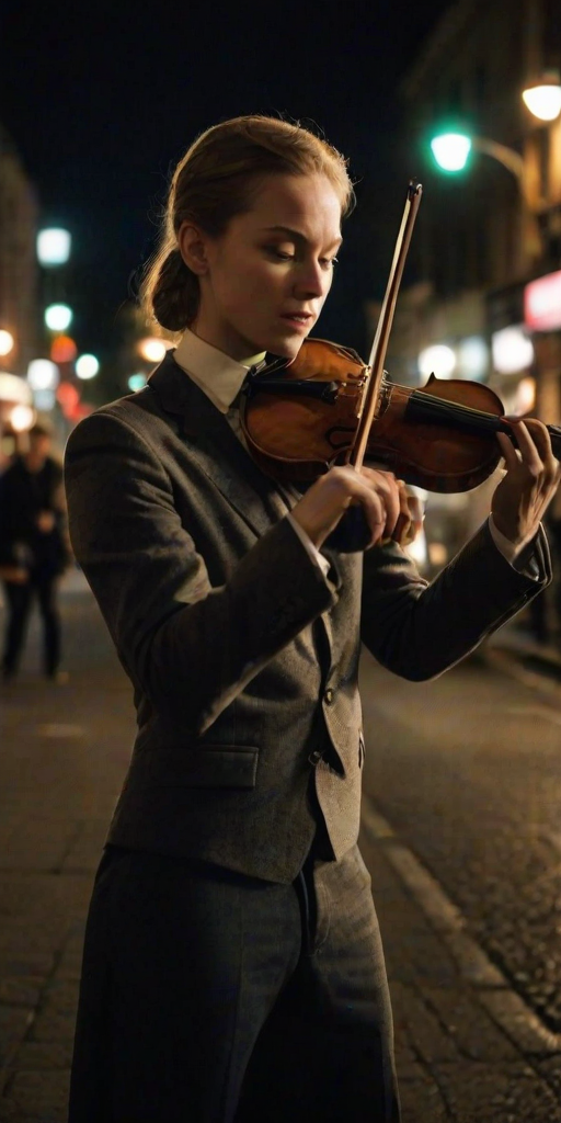 Sharp, high-contrast photo of a violinist performing on a street corner, intense focus on their face, soft glow from streetlights illuminating the scene, distant pedestrians walking by, and the sound of music filling the night air.