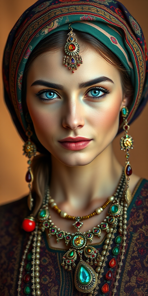 Create a portrait of a beautiful Circassian woman with striking cyan eyes and a gentle expression. She is adorned in traditional attire with intricate patterns, including a richly embroidered headscarf and matching garments. Her jewelry includes a delicate headpiece, dangling earrings, and ornate bracelets, all featuring vibrant gemstones and detailed metalwork. The background is soft and warm, enhancing the rich colors of her outfit and jewelry.