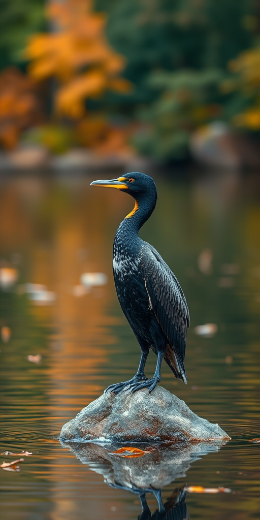 A cormorant standing on a rock in a serene body of water surrounded by autumn foliage reflections, shot with a Canon EOS R5, 85mm lens, f/4 aperture, ISO 200, 1/250s shutter speed, in natural light, focusing on the bird with a blurred background for enhanced image quality.
