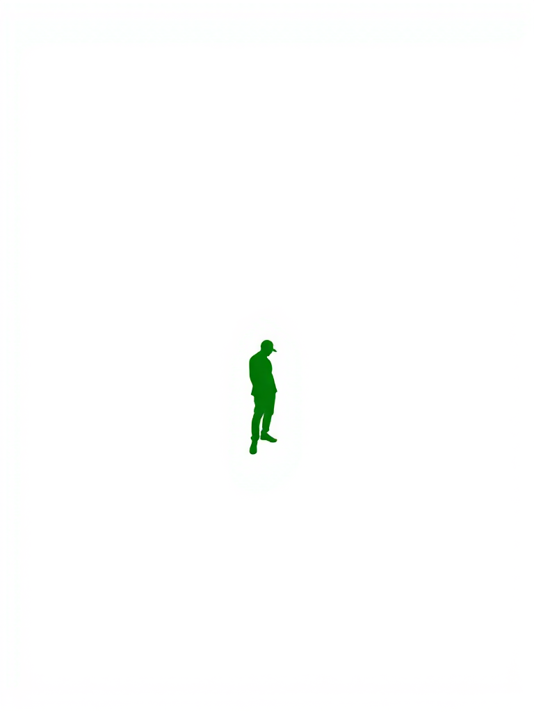 Generate a minimalistic silhouette of a standing person in green on a plain white background, using a DSLR camera with an aperture of f/5.6, shutter speed of 1/125s, ISO 100, taken from a high angle view with natural lighting.