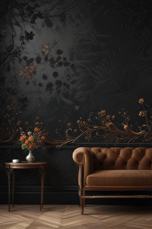 Elegant Vintage Living Room with Dark Floral Wallpaper and Cozy Sofa