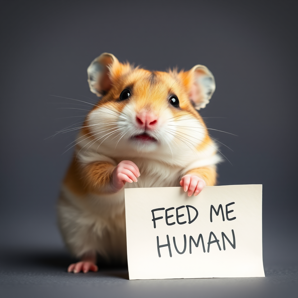 hamster holding a note which says "FEED ME HUMAN"