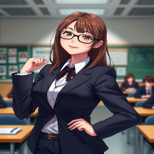 a high-resolution anime-style image of a young woman with glasses wearing a business suit in a classroom setting, dynamic pose capturing her confidence, soft natural lighting, f/2.8 aperture, ISO 200, 50mm lens, portrait orientation, shallow depth of field, 4k resolution