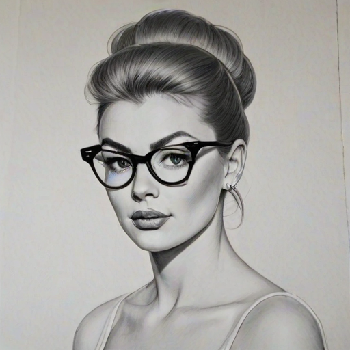 Exquisite Billi Mucklow, pencil sketch, portrait of Resplendent woman 1962s in glasses, hair style beatnik, outline, clear lines, fine lines, 8k
