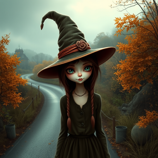 digital art fantasy depicting a strange girl with brown hair, long eyelashes, white lipstick and a tall hat walking along a winding road on an autumn afternoon, an Finch smiles as she passes