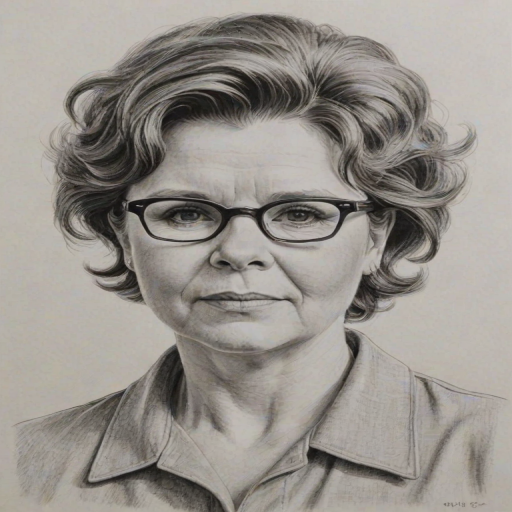 Delightful Imelda Staunton, pencil sketch, portrait of Wonderful woman 1961s in glasses, hair style beatnik, outline, clear lines, fine lines, 8k