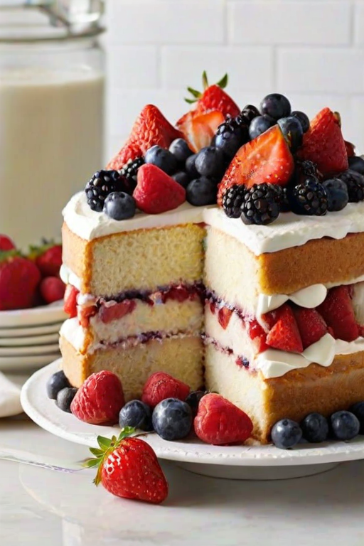 Create an image of a three-layer cake with fluffy white sponge layers. The top is adorned with a generous amount of fresh strawberries, blueberries, raspberries, and blackberries, all lightly dusted with powdered sugar. The cake has a smooth layer of whipped cream between each sponge layer and on top, creating a fresh and inviting appearance.