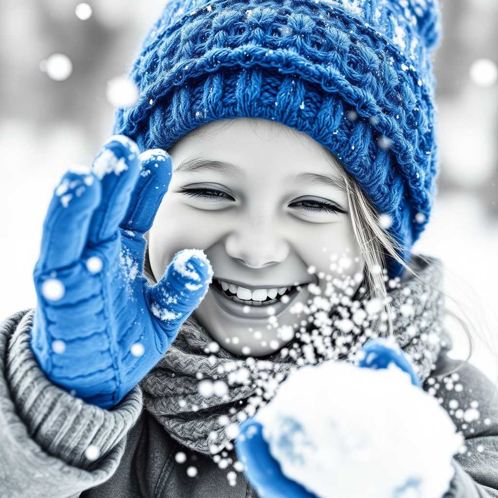 A hyperdetailed photorealistic macro image black and white pencil sketch of a young girl getting hit by a snowball during a snowball fight. She is wearing a brilliant sapphire blue wool beanie and bright blue mittens. She is trying to block the snowball by putting her hands up. The snowball hits her beanie and disintegrates into myriad tiny snowflakes caught with high speed photography. The girl is laughing and having a wonderful time.