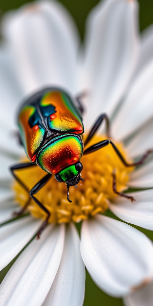 Close-up of a colorful beetle perched on a daisy flower, captured with a macro lens at f/2.8, 1/200s shutter speed, ISO 100, in natural light, using a DSLR camera for high detail and vibrant colors.