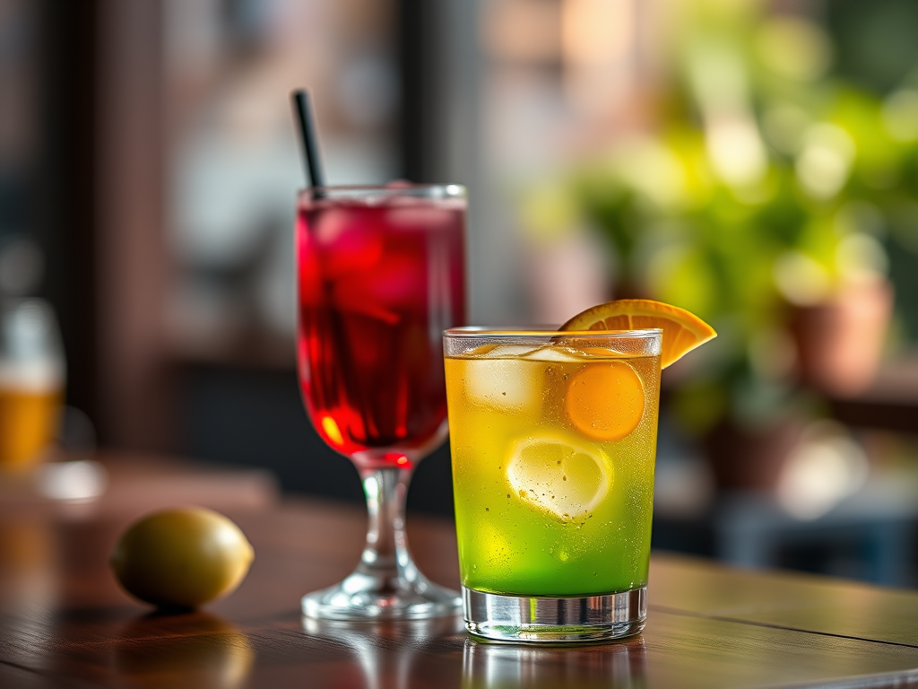 captured with a Canon EOS R5, 50mm lens, f/1.8 aperture, 1/200s shutter speed, ISO 100, natural light, shallow depth of field, focus on drinks, vibrant colors, high contrast, soft bokeh background