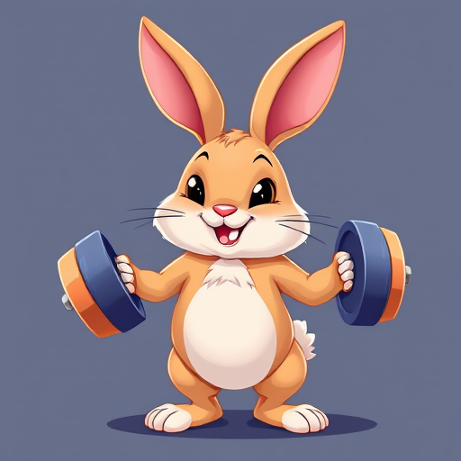 cute cartoon rabbit exercising with dumbbells, bright and colorful, digital art style, high resolution, studio lighting, 50mm lens, f/2.8 aperture, 1/100s shutter speed, ISO 200