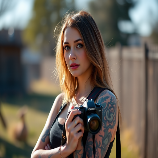 portrait of a woman with tattoos standing outdoors holding a camera, natural sunlight, shallow depth of field, 85mm lens, f/1.8 aperture, ISO 100, 1/2000s shutter speed, DSLR camera, vibrant colors and soft background blur