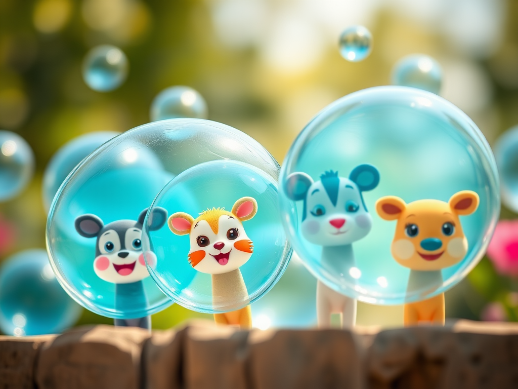 create a whimsical cartoon image of cute animal faces peeking from behind large blue bubbles using a 50mm lens at f/2.8 with a soft focus background, shot in bright daylight with high saturation colors and a slight vignette for depth.