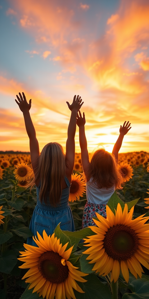 sunflower field at sunset with two girls raising their arms, vibrant colors in the sky, focus on the faces and sunflowers in foreground, shot with a DSLR camera at f/4, ISO 200, 24mm lens, golden hour lighting, wide-angle view