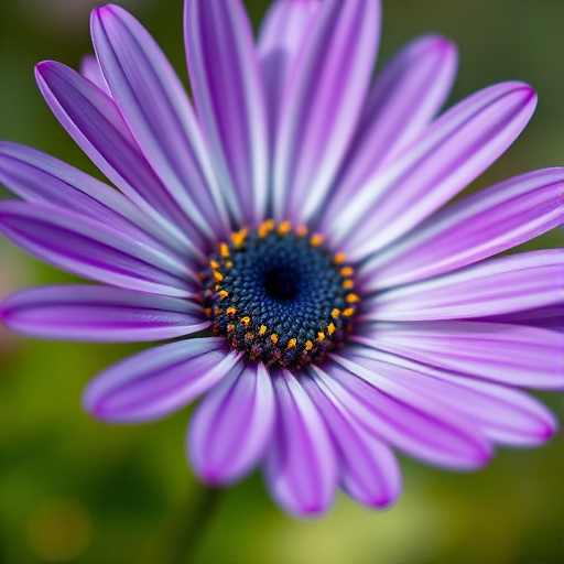 Close-up of a purple and white daisy flower, shallow depth of field, ISO 100, f/2.8, 50mm lens, natural light, DSLR camera, macro photography style.