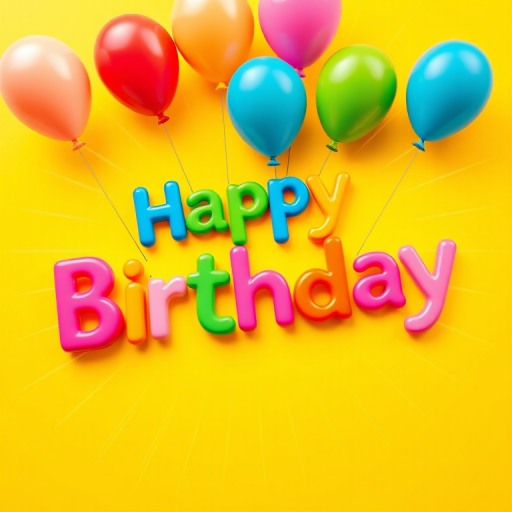 Create a vibrant birthday greeting design featuring the text "Happy Birthday" in playful, colorful typography with balloons, set against a bright yellow background with sunburst effects, using a DSLR camera with a 50mm lens, aperture f/1.8, ISO 100 for clarity and depth, top-down view for emphasis, and high dynamic range for vivid colors.