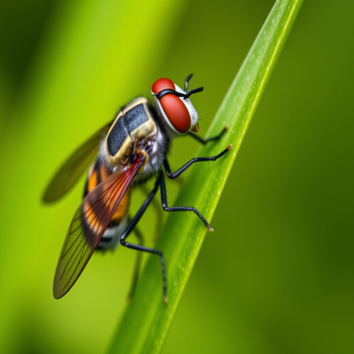 macro photograph of a hoverfly perched on a green leaf with sharp focus on the fly and a blurred background, taken with a Canon EOS 90D, 100mm f/2.8L Macro IS USM lens, ISO 100, aperture f/8, shutter speed 1/200 sec, natural light, side view, high depth of field