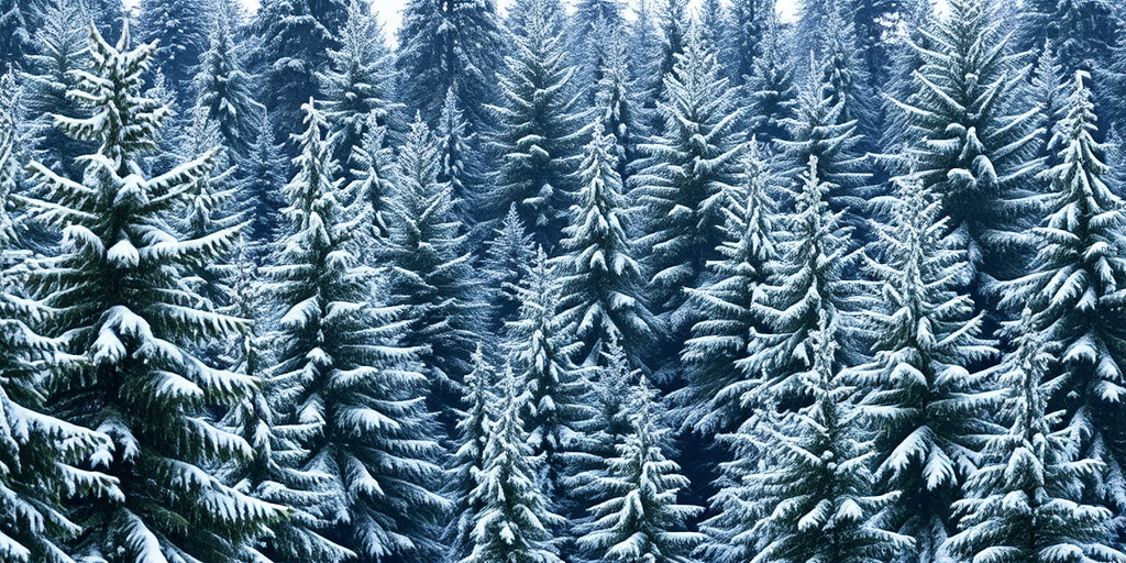 A dense forest of snow-covered evergreen trees during winter, taken with a Canon EOS R5, 50mm f/1.8 lens, aperture f/4, ISO 200, 1/250 sec, shot in soft natural light from a straight-on view to capture details in the foliage.