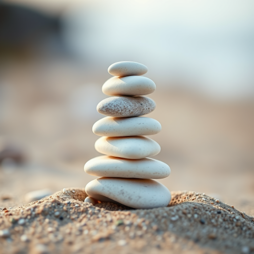 stack of smooth white stones balanced on a sandy surface, shot with a DSLR camera at f/8 aperture, 1/60s shutter speed, ISO 100, macro lens, shallow depth of field, soft natural lighting, high dynamic range, focusing on texture and details of stones against a blurred background